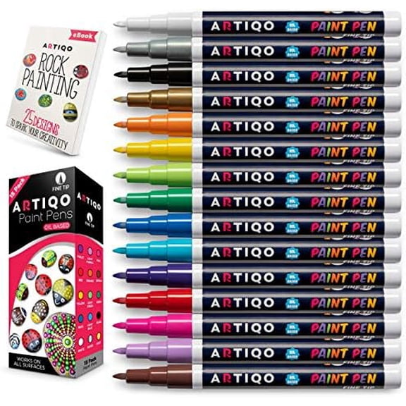 Fine Tip Paint pens for Rock Painting - Wood, Glass, Metal and Ceramic Works on  All Surfaces Set of 15 Vibrant oil based fine point paint markers, Quick Dry, Water Resistant$$Art & Craft