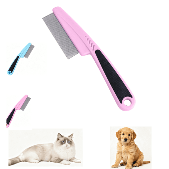 Fine Tooth Pet Grooming Comb with Rubber Handle, Upgraded Dandruff & Fur Cleaning Comb for Daily Coat Care