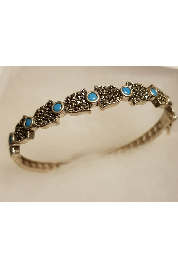Fine Tulip Shaped Marcasite & Turquoise Bangle Bracelet for Women on Genuine 925 Sterling Silver