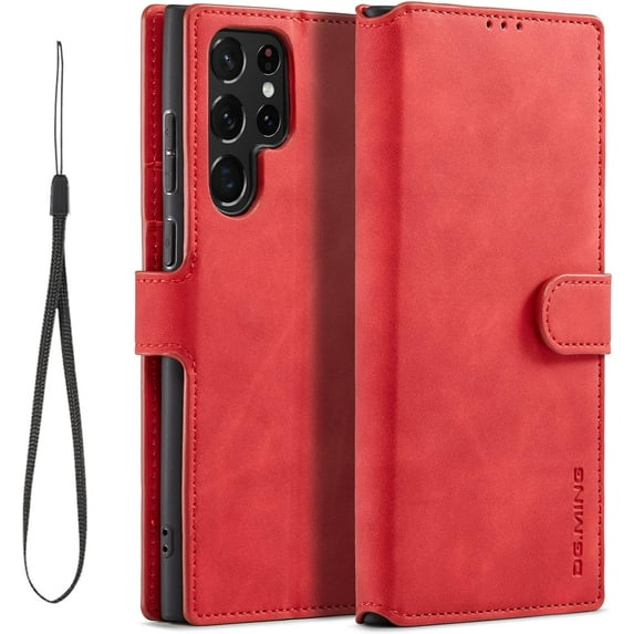 Fine Vintage Wallet Style Leather Phone Case with Card Slot Holder PU Protective Cover for Samsung Galaxy Note 20 Ultra 10 Pro Note 9/8 S9 S10 S8 Plus S7(Red,Samsung Note 8)