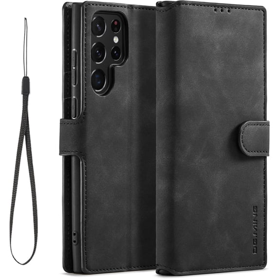 Fine Vintage Wallet Style Leather Phone Case with Card Slot Holder PU Protective Cover for Samsung Galaxy S23 S22 Ultra S21 Plus S20 FE 5G(Black,Samsung S21 Ultra)