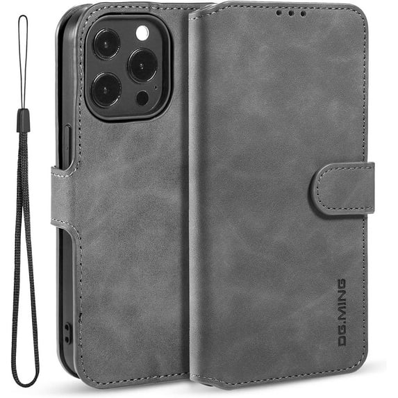 Fine Vintage Wallet Style Leather Phone Case with Card Slot Holder PU Protective Cover for iPhone 14 11 12 Pro Max 13 Mini 6s 8 7 14 Plus SE XS XR(Grey,iPhone 11 Pro)