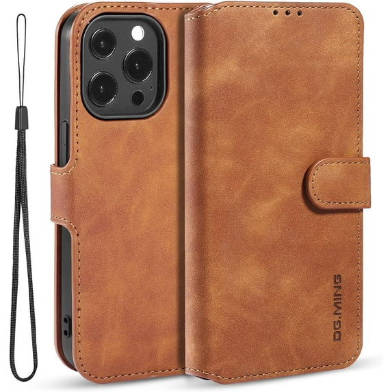 Fine Vintage Wallet Style Leather Phone Case with Card Slot Holder PU Protective Cover for iPhone 14 11 12 Pro Max 13 Mini 6s 8 7 14 Plus SE XS XR(Khaki,iPhone 12 Pro Max)