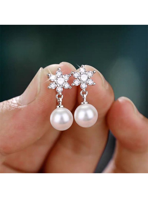 Fine Women Earrings Christmas Pearl Snowflake Dangle Earrings Other Studs 925 Silver