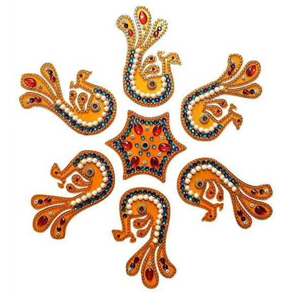 FineArt Diwali Rangoli Set Multicolor Jewel Stone/Kundan Decorations on Yellow Acrylic Base 7 Piece Set - for Home Dcor