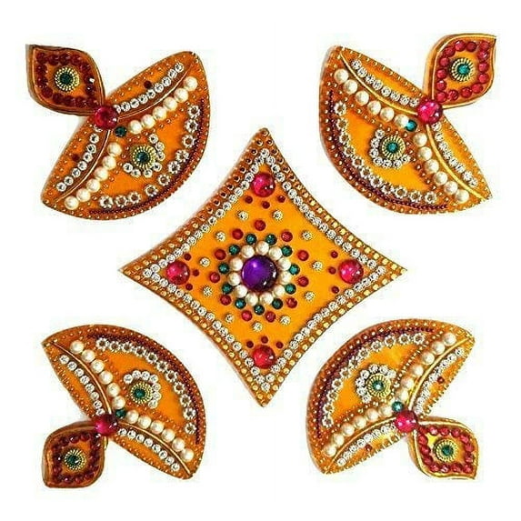 FineArt Handcrafted Decorative Diwali Rangoli Set - Multicolor Jewel Stone/Kundan Decorations On Yellow Acrylic Base - 5 Piece Set