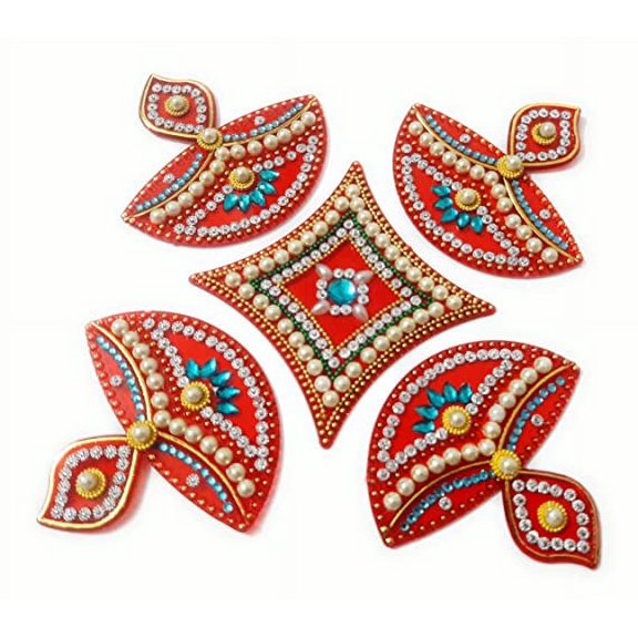 FineArt Handcrafted Decorative Diwali Rangoli Set Multicolor Jewel Stone/Kundan Decorations on Red Acrylic Base 5 Piece Set - for Home Dcor