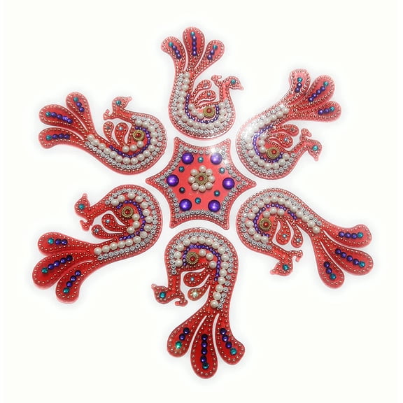 FineArt Handcrafted Decorative Diwali Rangoli Set Multicolor Jewel Stone/Kundan Decorations on Red Acrylic Base - 7 Piece Set - for Home Dcor