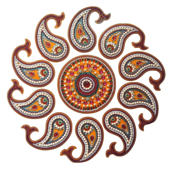 FineArt Handcrafted Decorative Rangoli Set Jewel Stone/Kundan Decorations on Red Acrylic Base 11 Piece Set - for Home Dcor