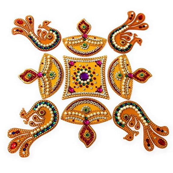 FineArt Handcrafted Diwali/Navratri Rangoli Jewel Stone/Kundan Decorations On Yellow Acrylic Base (Multicolour) -9 Piece Set