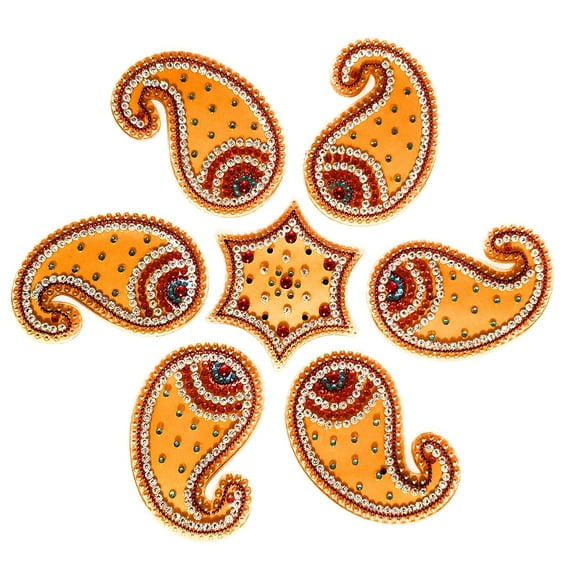 FineArt Handcrafted Diwali Rangoli Set Jewel Stone/Kundan Decorations on Yellow Acrylic Base 7 Piece Set - for Home Dcor