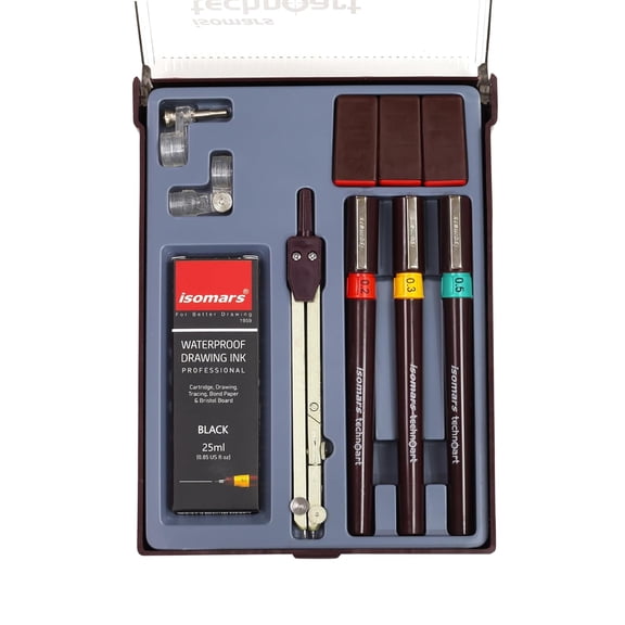 FineArt Technoart Technical Drawing Pen Set of 3 with Waterproof Black Ink, Compass & Accessories | 0.2mm, 0.3mm, 0.5mm Fineliner Pens for Architecture, Engineering, Drafting, Sketching & Illustratio