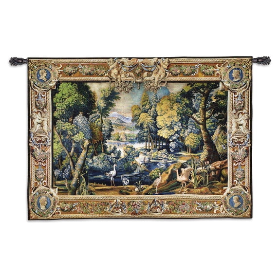 15th Century Landscape , Woven Tapestry Wall Art Hanging , Abundant Medieval Forest with Animals , 100% Cotton USA Size 71x