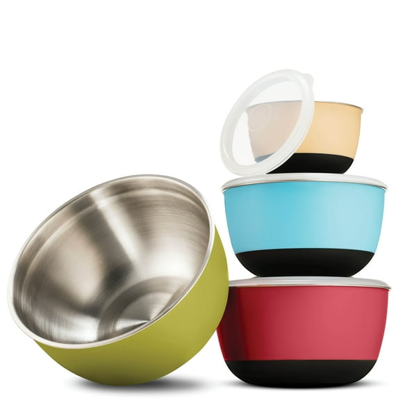 Multicolor Stainless Steel Mixing Bowls - Premium 4 Piece Set With Sealed lids, Nesting Storage Bowls, Plastic Exterior, Non-Skid Bottom for Easy Mixing and Prepping, Includes ¾, 1 ½, 3, and 5 Qt