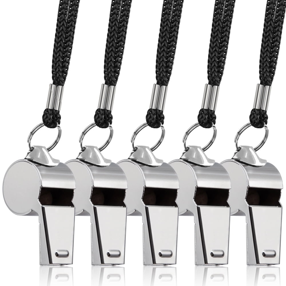 FineGood 5 Pcs Silver Stainless Steel Whistle, Whistle Emergency with Lanyard Whistles for Adults Referees Coaches Lifeguards Sports