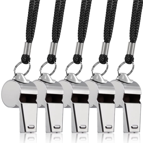 FineGood 5 Pcs Silver Stainless Steel Whistle, Whistle Emergency with Lanyard Whistles for Adults Referees Coaches Lifeguards Sports