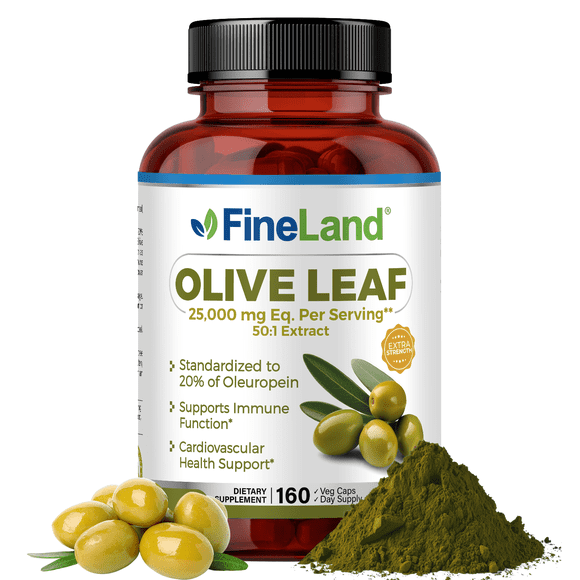 FineLand Olive Leaf 50x Extract 25,000mg Eq. Per Capsule, 20% Active Oleuropein, MAX Strength, Polyphenol & Flavonoid Antioxidants, Free Radical Scavenger*, Immune, Cardiovascular Support, 160 Caps