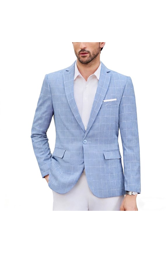 iĀ·FineLong Men's Light Blue Checkered Business Casual Jacket