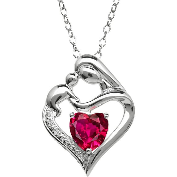 Finecraft Created Ruby and Diamond Accent Mother and Child Heart Pendant Necklace in Sterling Silver, 18" Chain