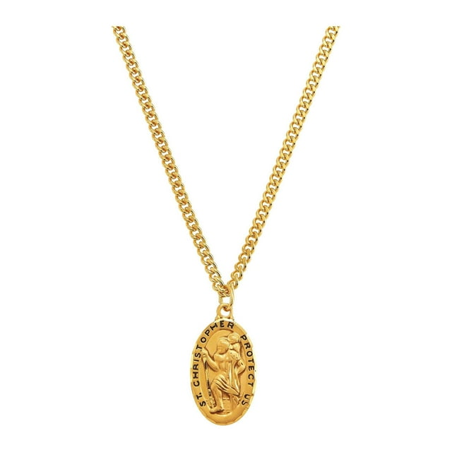 Finecraft 'St. Christopher Medallion Necklace' in Gold-Plated Sterling Silver & Stainless Steel, 24"
