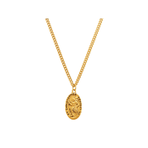 Finecraft St.Christopher Medallion Necklace in Gold-Plated Sterling Silver and Stainless Steel, 24"