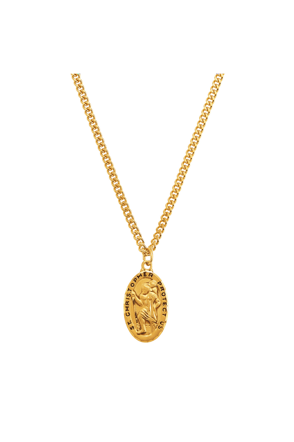 St.Christopher Medallion Necklace in Gold-Plated Sterling Silver and Stainless Steel, 24"