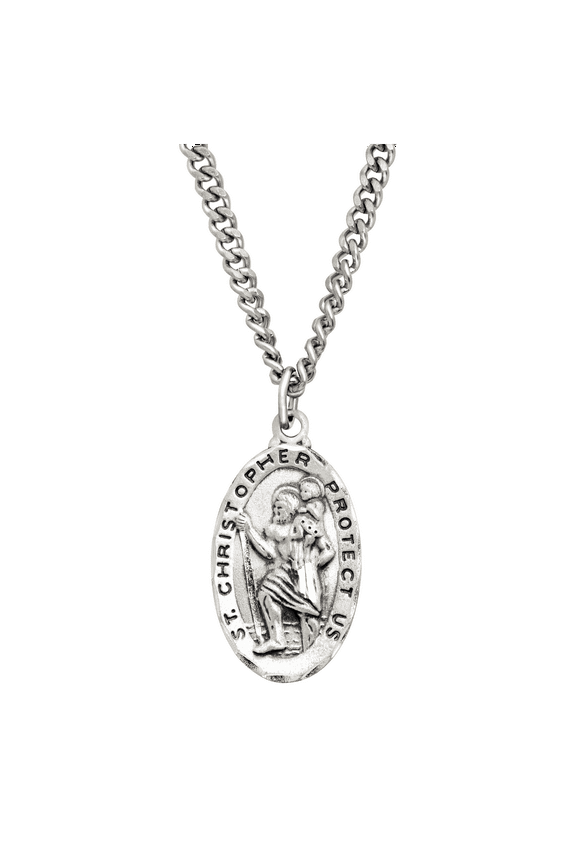 St. Christopher Medallion Necklace in Sterling Silver and Stainless Steel, 24"