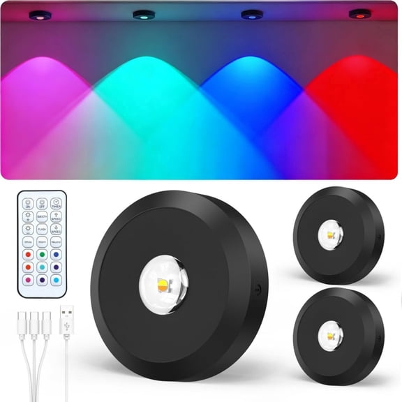 Finedea Cabinet Lighting, RGB Cabinet Lighting LED Spot, Energy Saving Magnet Dimmable Under-Unit Light, Wireless Kitchen Cabinet Lighting, with Timer Remote Control, 3 PACK