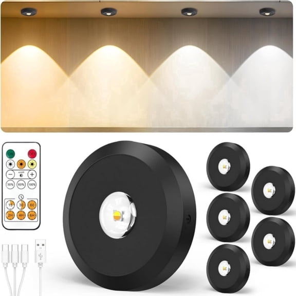 Finedea Cabinet Lighting, Three Color Temperatures Cabinet Lighting LED Spot, Energy Saving Magnet Dimmable Under-Unit Light, Wireless Kitchen Cabinet Lighting, with Timer Remote Control, 6 PACK