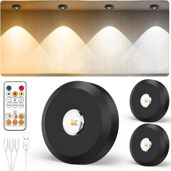 Finedea Cabinet Lighting, Three Color Temperatures Cabinet Lighting LED Spot, Energy Saving Magnet Dimmable Under-Unit Light, Wireless Kitchen Cabinet Lighting, with Timer Remote Control, 3 PACK