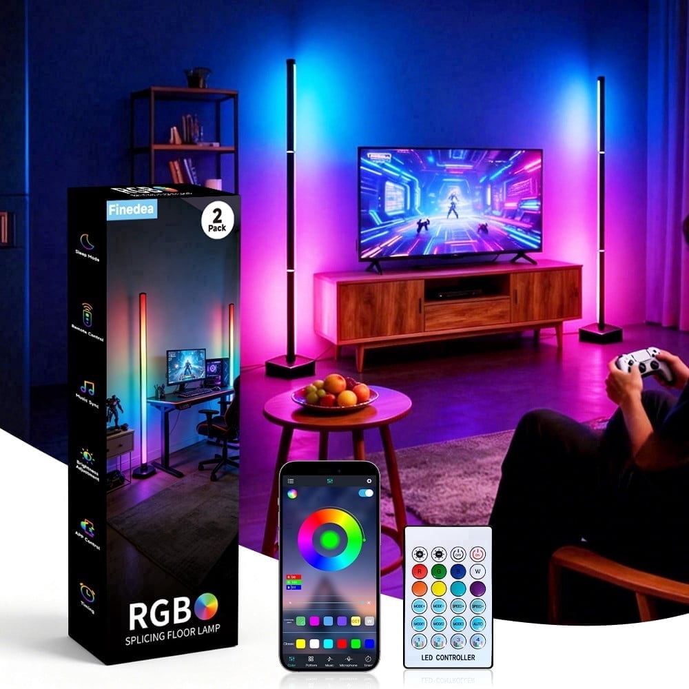 Finedea LED Corner Floor Lamp, 16 Million Colors Corner Light with App & Remote Control, 50” Smart RGB Ambient Lighting with Music Sync, Mood Lighting for Bedroom, Living Room, Gaming Room, 2 PACK