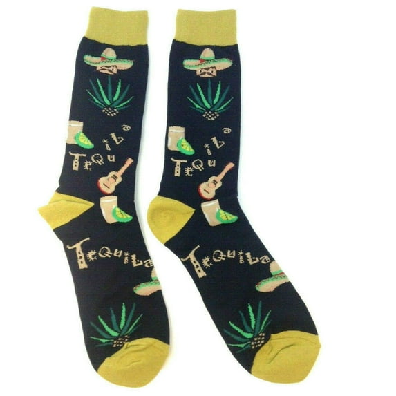 Finefit Novelty Tequila All Over Print Mid Calf Crew Socks BLACK & GOLD