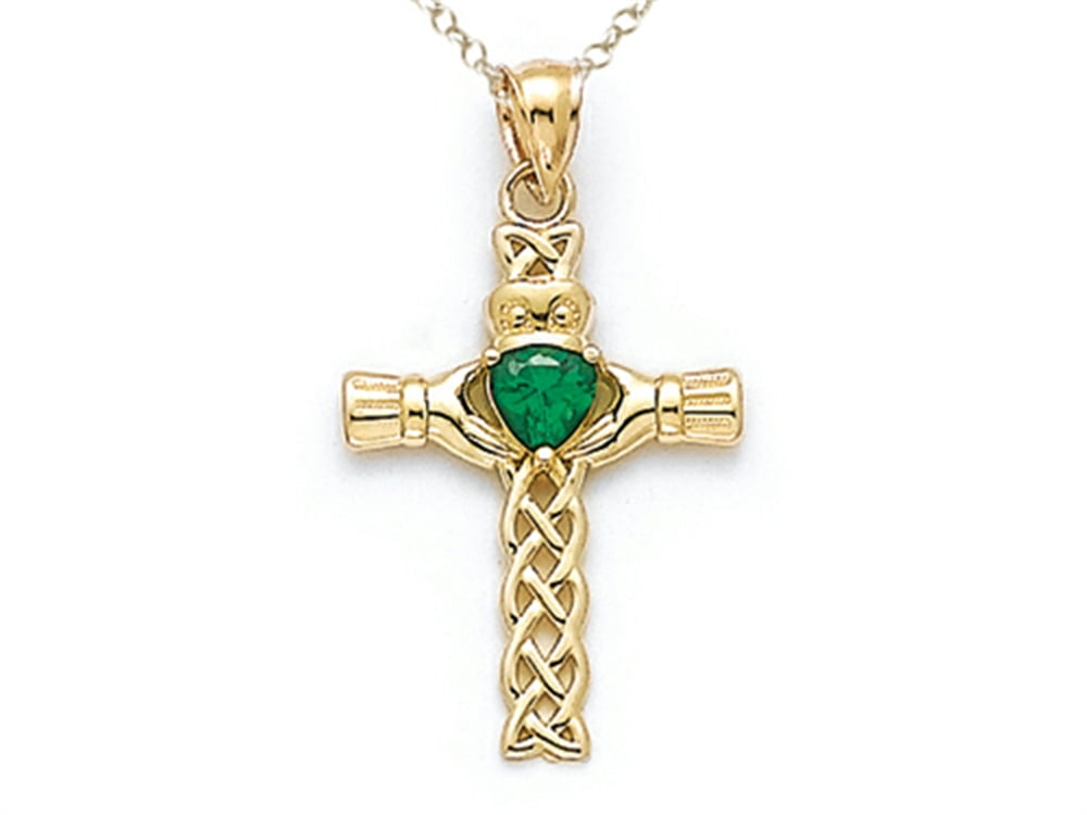 Finejewelers 14k Yellow Gold Claddagh Cross Pendant Necklace with Simulated Emerald Heart - Chain Included