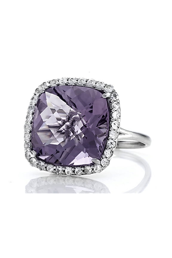Anti Tarnish Sterling Silver 14mm Cushion-Cut Rose De France Quartz and White Sapphire Ring