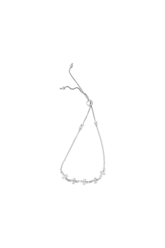 Rhodium Finish Sterling Silver 9.25 Inch Adjustable Friendship Bracelet Sideway Cross Draw String Clasp