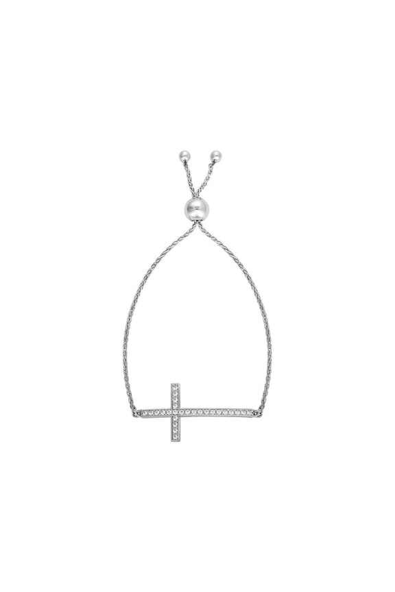 Rhodium Finish Sterling Silver 9.25 Inch Friendship Adjustable Bracelet Cross and Draw String Clasp