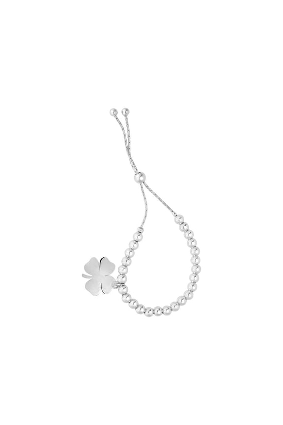 Rhodium Sterling Silver 9.25 Inch 4 Leaf Clover Charm Adjustable Friendship Bracelet Draw String Clasp