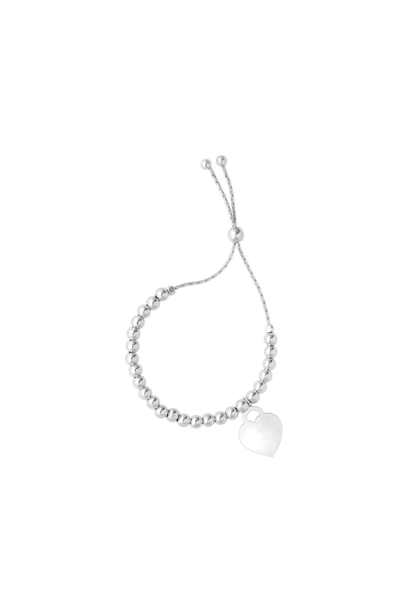 Rhodium Sterling Silver 9.25 Inch Flat Heart Charm Adjustable Friendship Bracelet Draw String Clasp