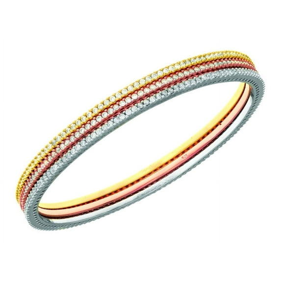 Finejewelers Set of 3 Tri-Color Finish Round Slip-On Bangle with Cubic Zirconia