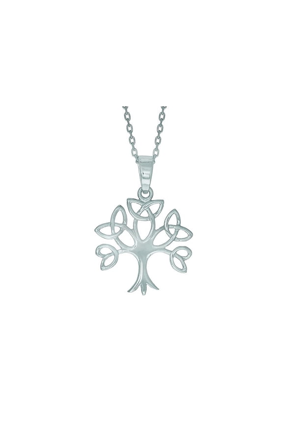 Silver 18 Rhodium Finish Shiny Trinity Tree Pendant Necklace