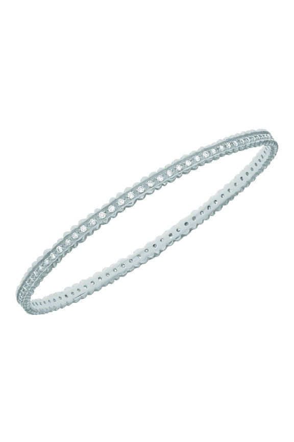 Silver Shiny Ridged Edge Slightly Concaved Slip On Bangle with Cubic Zirconia