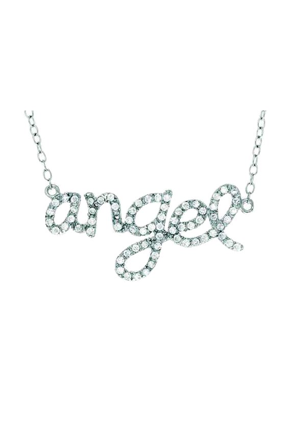 Silver with Rhodium Finish Shiny Cable Chain Angel Pendant Necklace White Cubic Zirconia