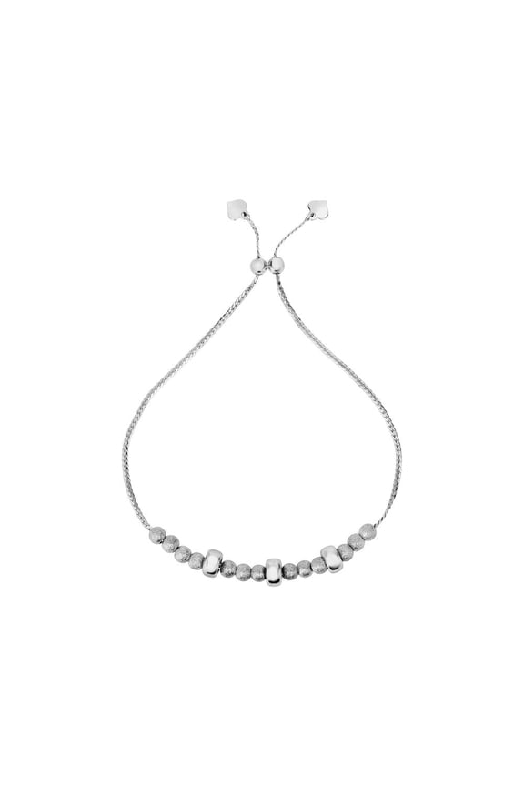 Sterling Silver 9.25 Inch Rhodium Matt Bead Friendship Adjustable Bracelet Draw String Clasp