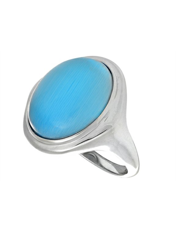 Sterling Silver Blue Oval Simulated Cat's Eye Ladies Ring