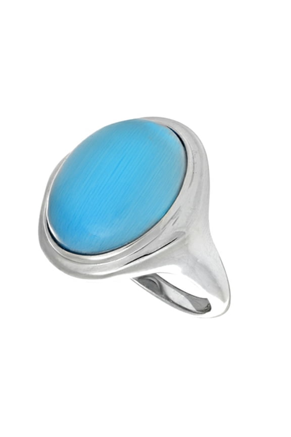 Sterling Silver Blue Oval Simulated Cat's Eye Ladies Ring