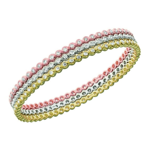 Finejewelers Sterling Silver Rhodium, Rose and Yellow Finish Set Of 3 Tri-Color Round Slip On Bangle CZ's