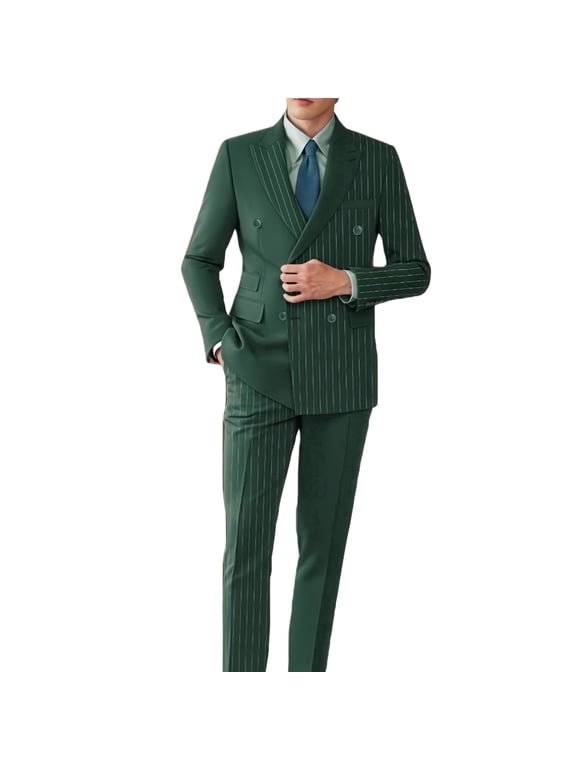 Fashion business contrast - color peak lapel double - breasted striped men's suit set, suitable for business trips and wedding dinners.