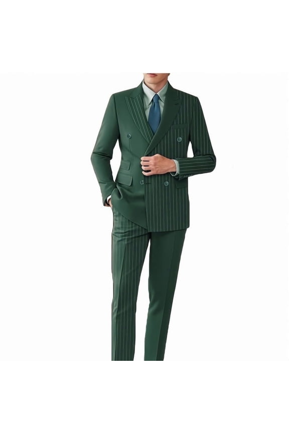 Fashion business contrast - color peak lapel double - breasted striped men's suit set, suitable for business trips and wedding dinners.