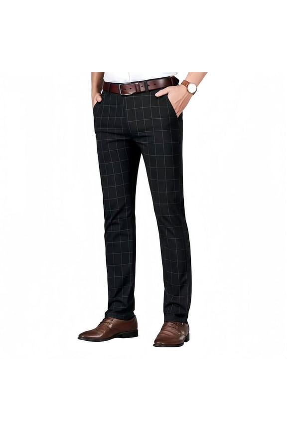 Men's Black Grid Pattern Dress Pants, Suitable for Business and Formal Occasions