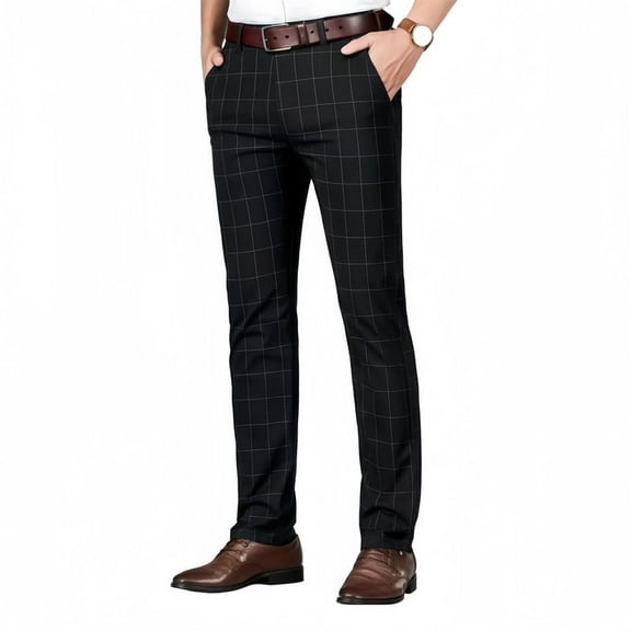 i.Finelong Men's Black Grid Pattern Dress Pants, Suitable for Business and Formal Occasions